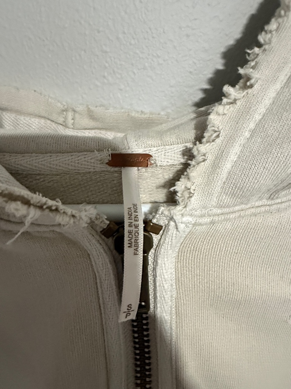 Free People Distressed Hooded Zip-Up Jacket in Light Beige - Picture 2 of 3